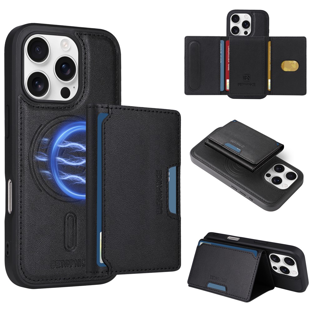 For iPhone 16 Pro Magnetic Case BETOPNICE Leather Phone Cover Kickstand with Detachable Card Bag - Black