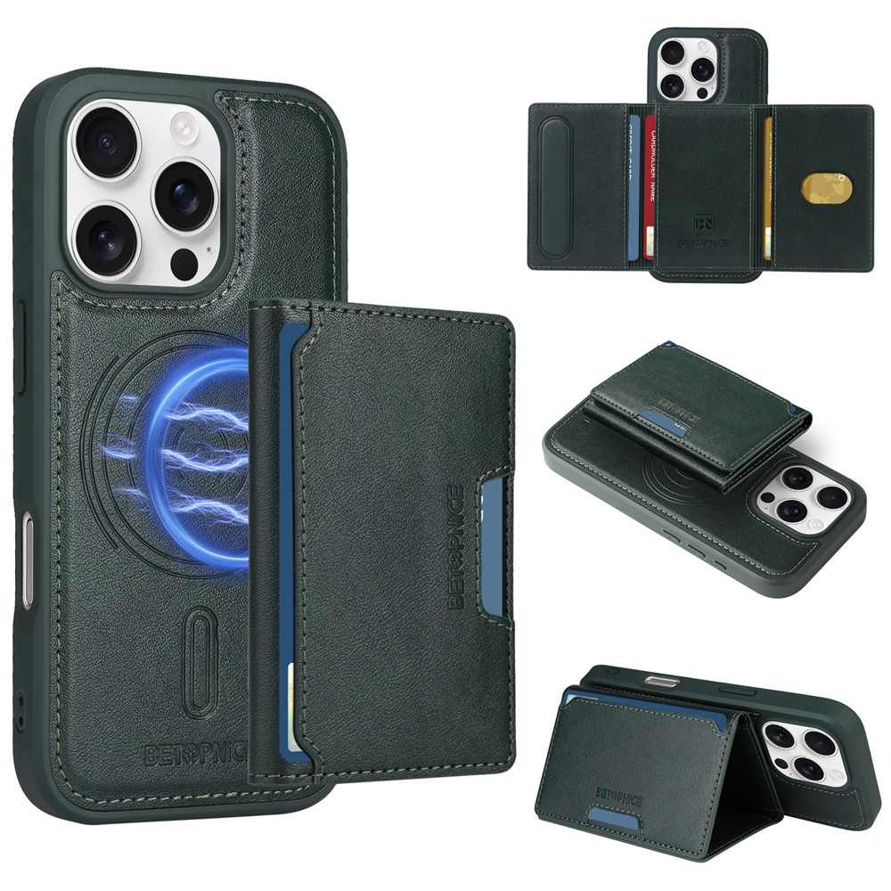 For iPhone 16 Pro Magnetic Case BETOPNICE Leather Phone Cover Kickstand with Detachable Card Bag - Green