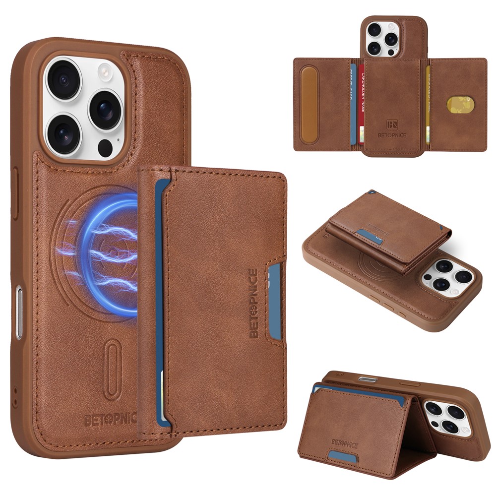 For iPhone 16 Pro Magnetic Case BETOPNICE Leather Phone Cover Kickstand with Detachable Card Bag - Brown