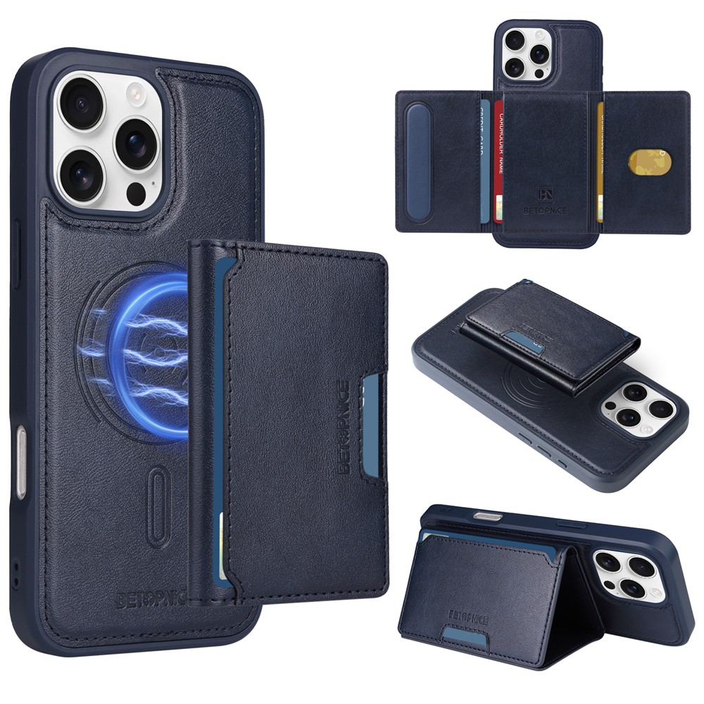 For iPhone 16 Pro Max Magnetic Case BETOPNICE Leather Phone Cover Kickstand with Detachable Card Bag - Blue