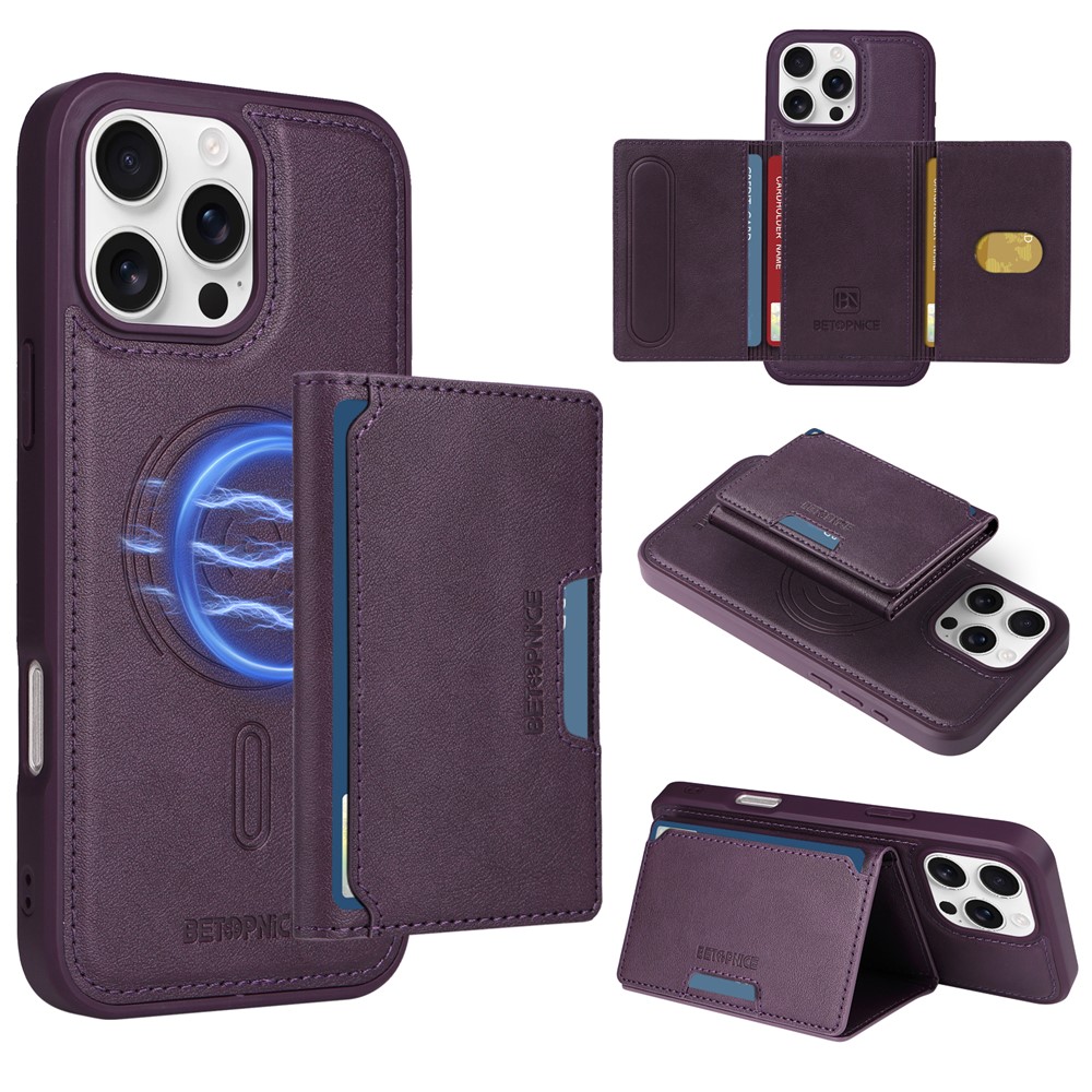 For iPhone 16 Pro Max Magnetic Case BETOPNICE Leather Phone Cover Kickstand with Detachable Card Bag - Purple