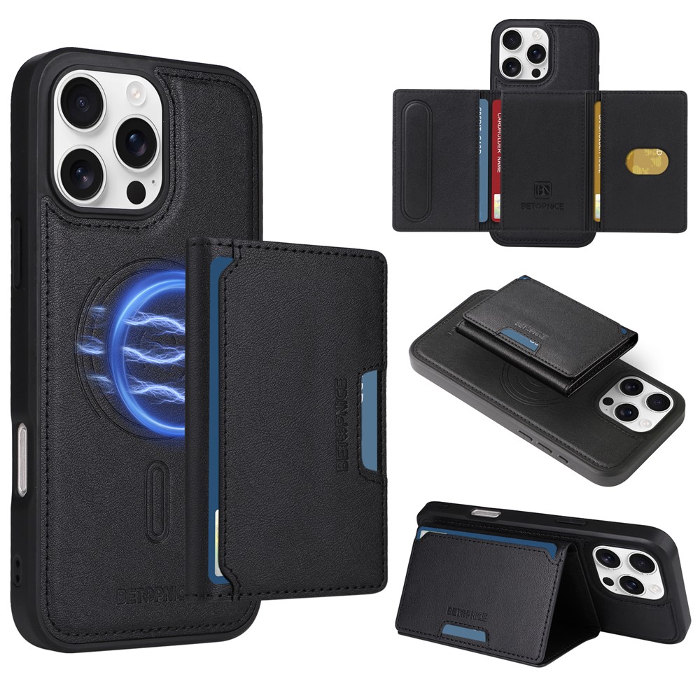 For iPhone 16 Pro Max Magnetic Case BETOPNICE Leather Phone Cover Kickstand with Detachable Card Bag - Black