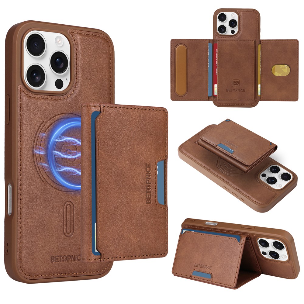 For iPhone 16 Pro Max Magnetic Case BETOPNICE Leather Phone Cover Kickstand with Detachable Card Bag - Brown