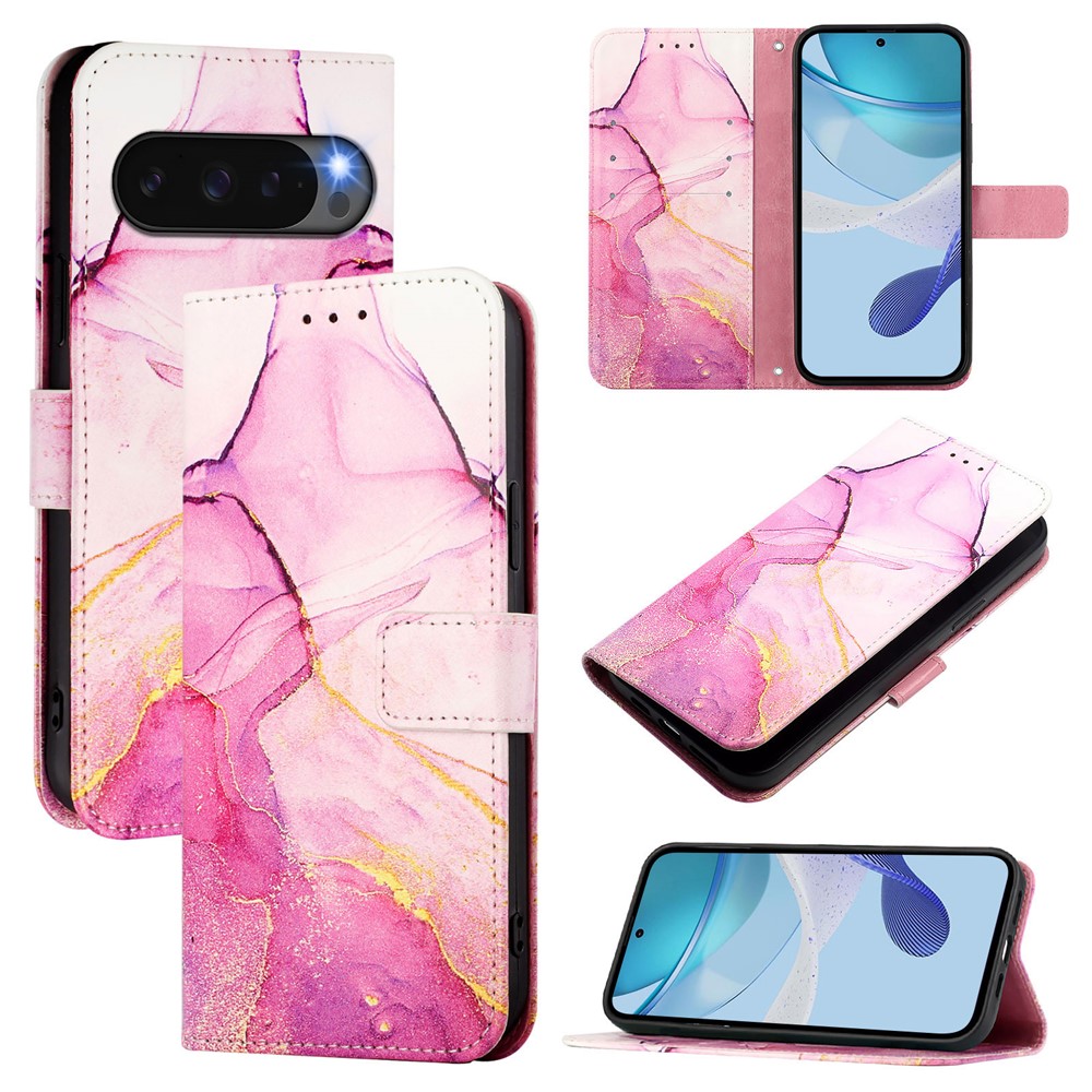 For Google Pixel 10 Pro XL Case with Strap Marble Pattern Leather Phone Cover Card Holder - Pink / Purple / Gold LS001