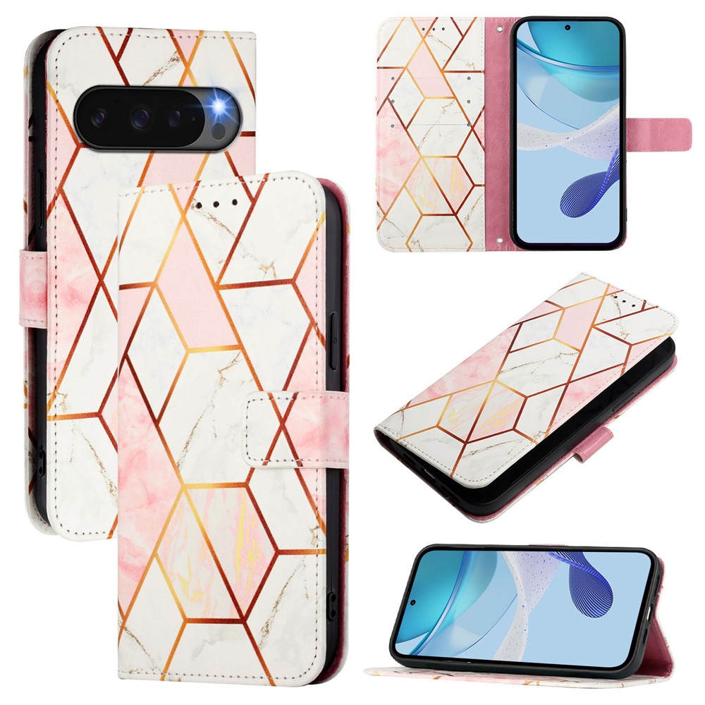 For Google Pixel 10 Pro XL Case with Strap Marble Pattern Leather Phone Cover Card Holder - Pink / White LS002