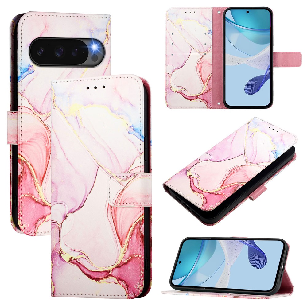 For Google Pixel 10 Pro / 10 / 9 Pro / 9 Case with Strap Marble Pattern Leather Phone Cover Card Holder - Rose Gold LS005