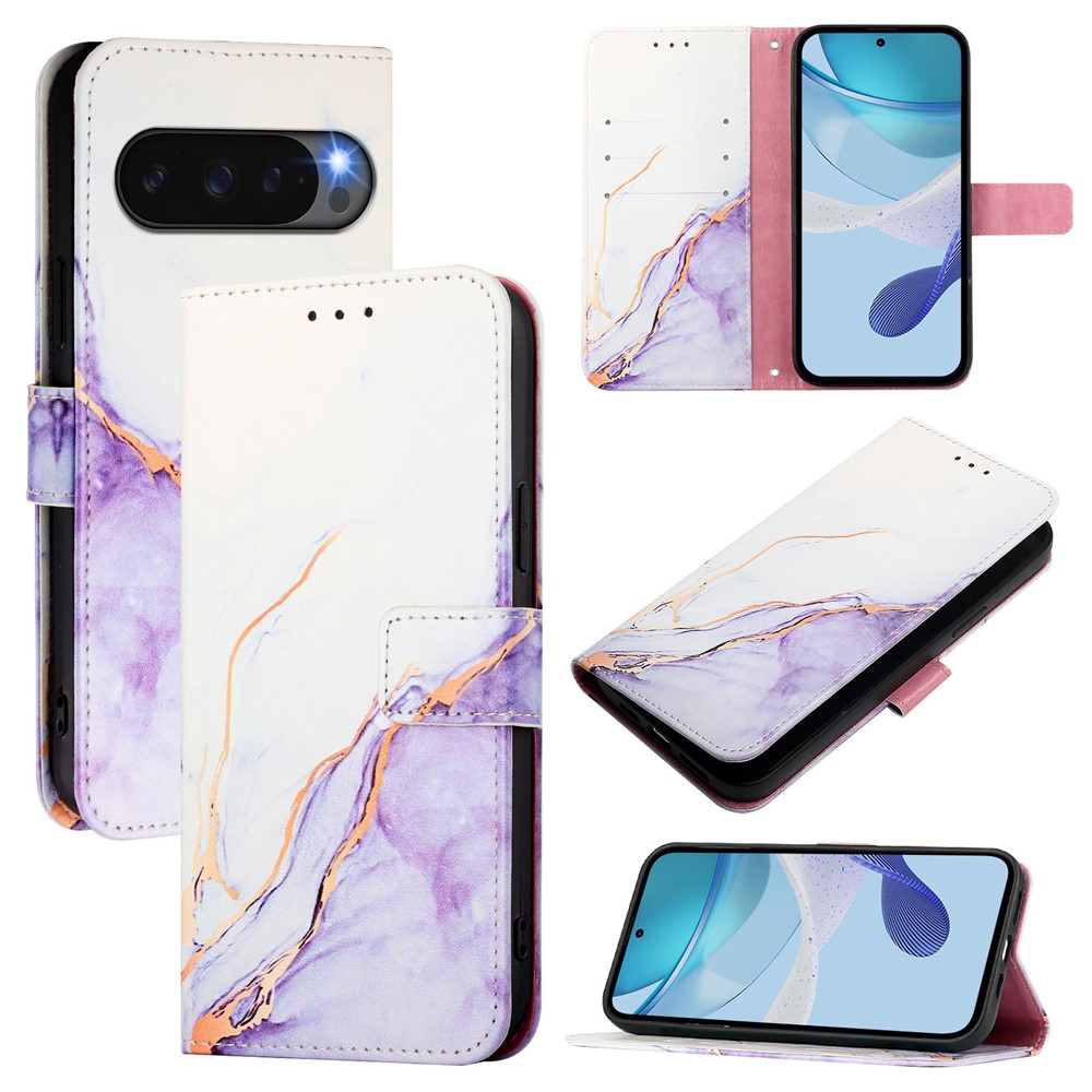 For Google Pixel 10 Pro / 10 / 9 Pro / 9 Case with Strap Marble Pattern Leather Phone Cover Card Holder - White / Purple LS006