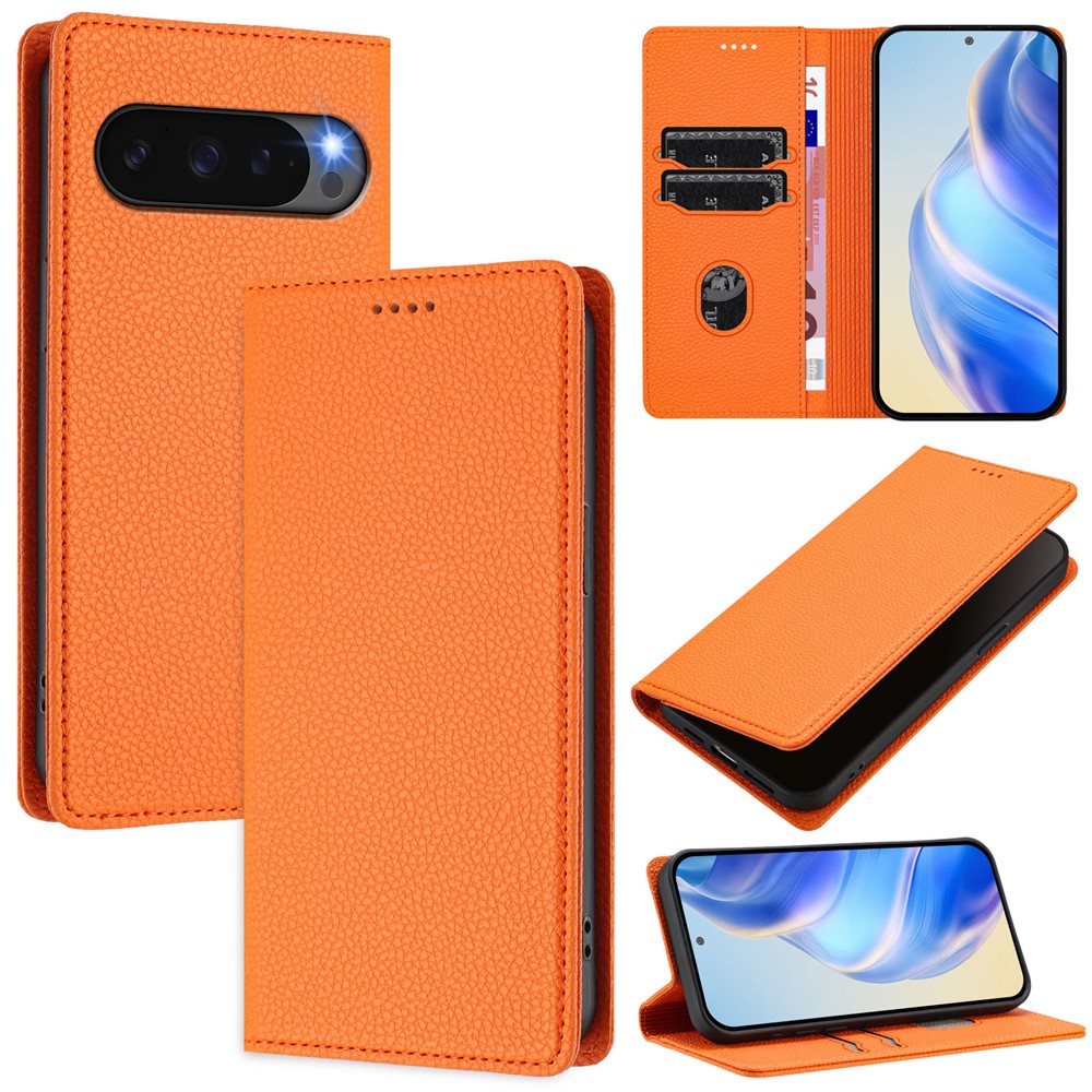 For Google Pixel 10 Pro XL Wallet Case RFID Blocking Litchi Texture Leather Mobile Cover - Orange