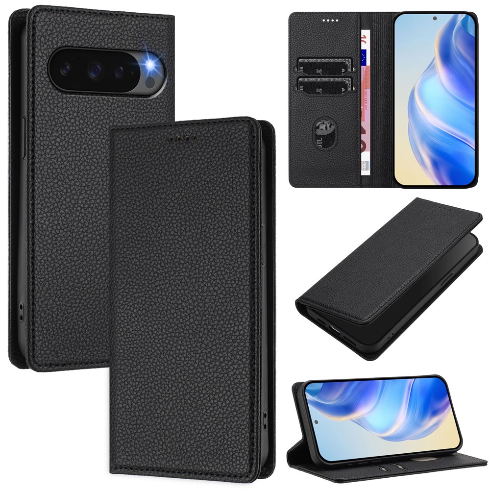 For Google Pixel 10 Pro XL Wallet Case RFID Blocking Litchi Texture Leather Mobile Cover - Black