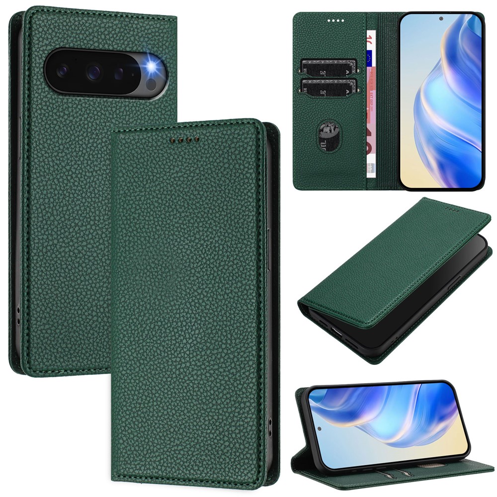 For Google Pixel 10 Pro XL Wallet Case RFID Blocking Litchi Texture Leather Mobile Cover - Dark Green
