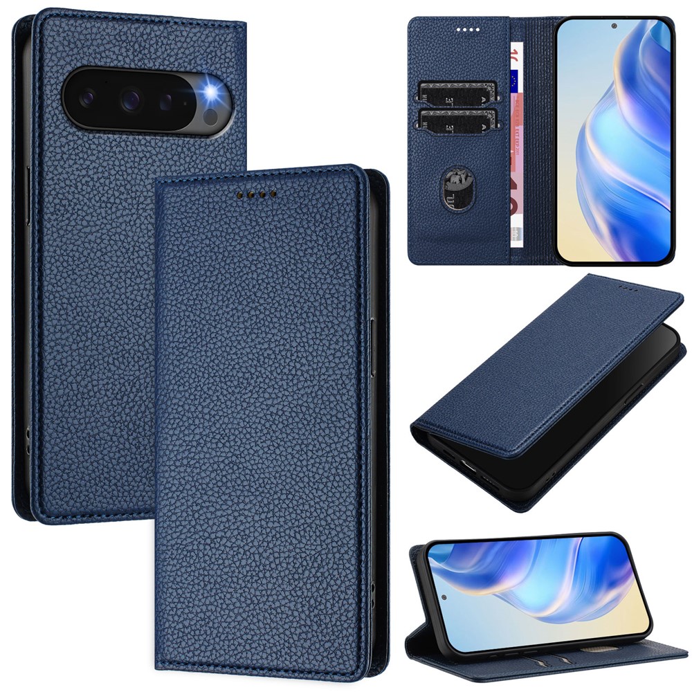 For Google Pixel 10 Pro XL Wallet Case RFID Blocking Litchi Texture Leather Mobile Cover - Dark Blue