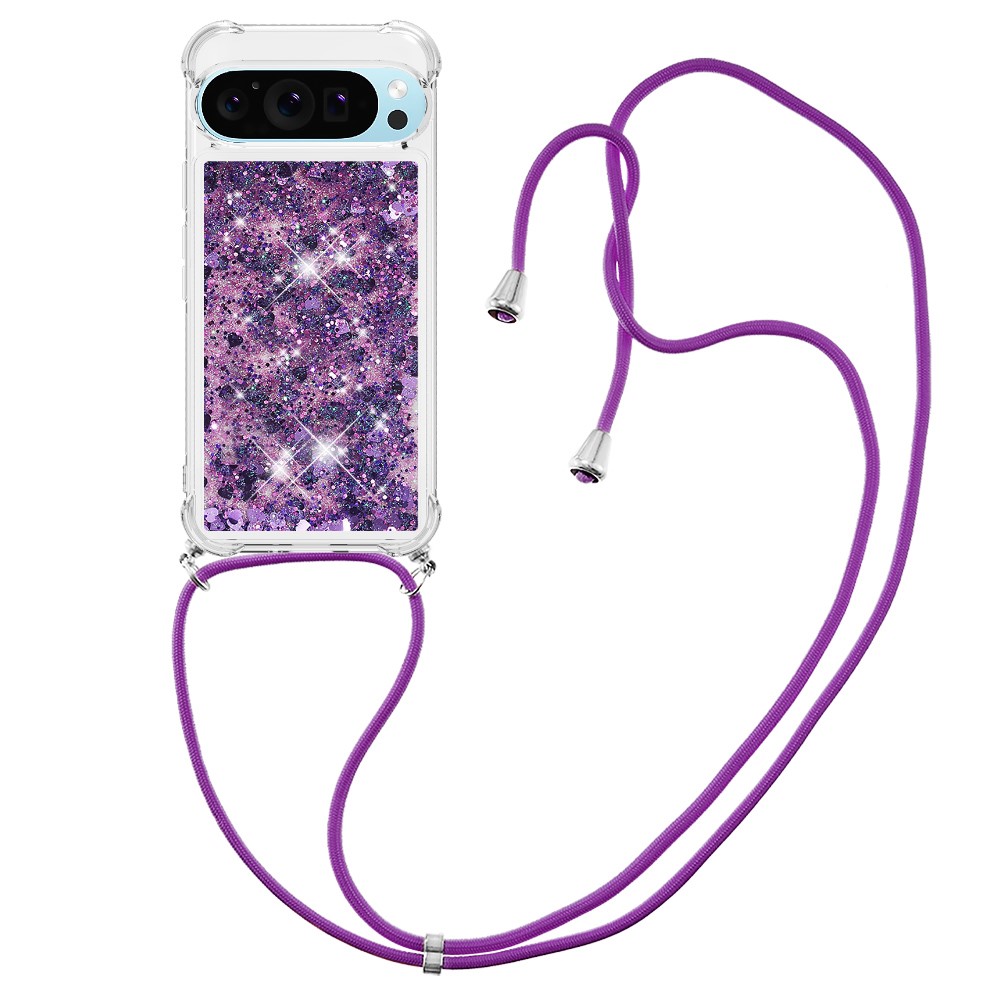 For Google Pixel 10 Pro / Google Pixel 10 TPU Case Quicksand Phone Cover with Lanyard - Dark Purple / Hearts