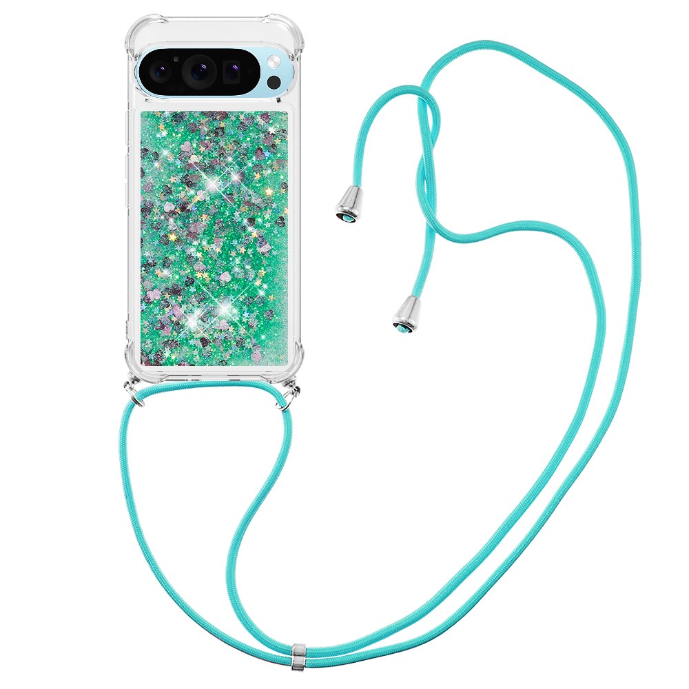 For Google Pixel 10 Pro / Google Pixel 10 TPU Case Quicksand Phone Cover with Lanyard - Green / Hearts