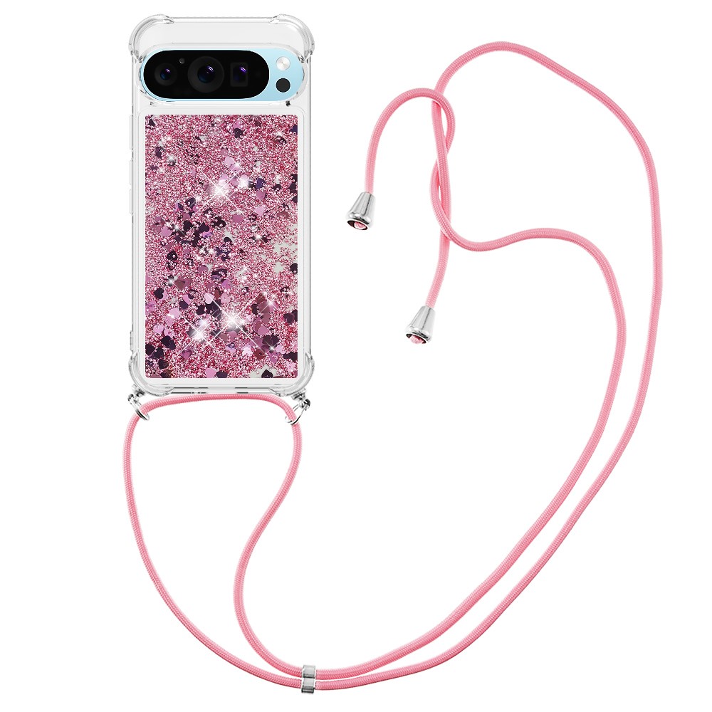 For Google Pixel 10 Pro XL TPU Case Quicksand Phone Cover with Lanyard - Rose Gold / Hearts