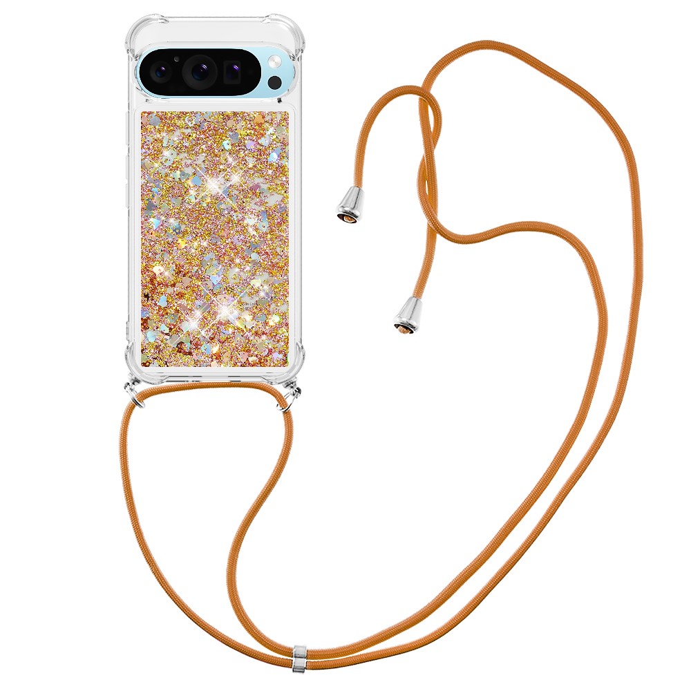 For Google Pixel 10 Pro XL TPU Case Quicksand Phone Cover with Lanyard - Gold / Hearts