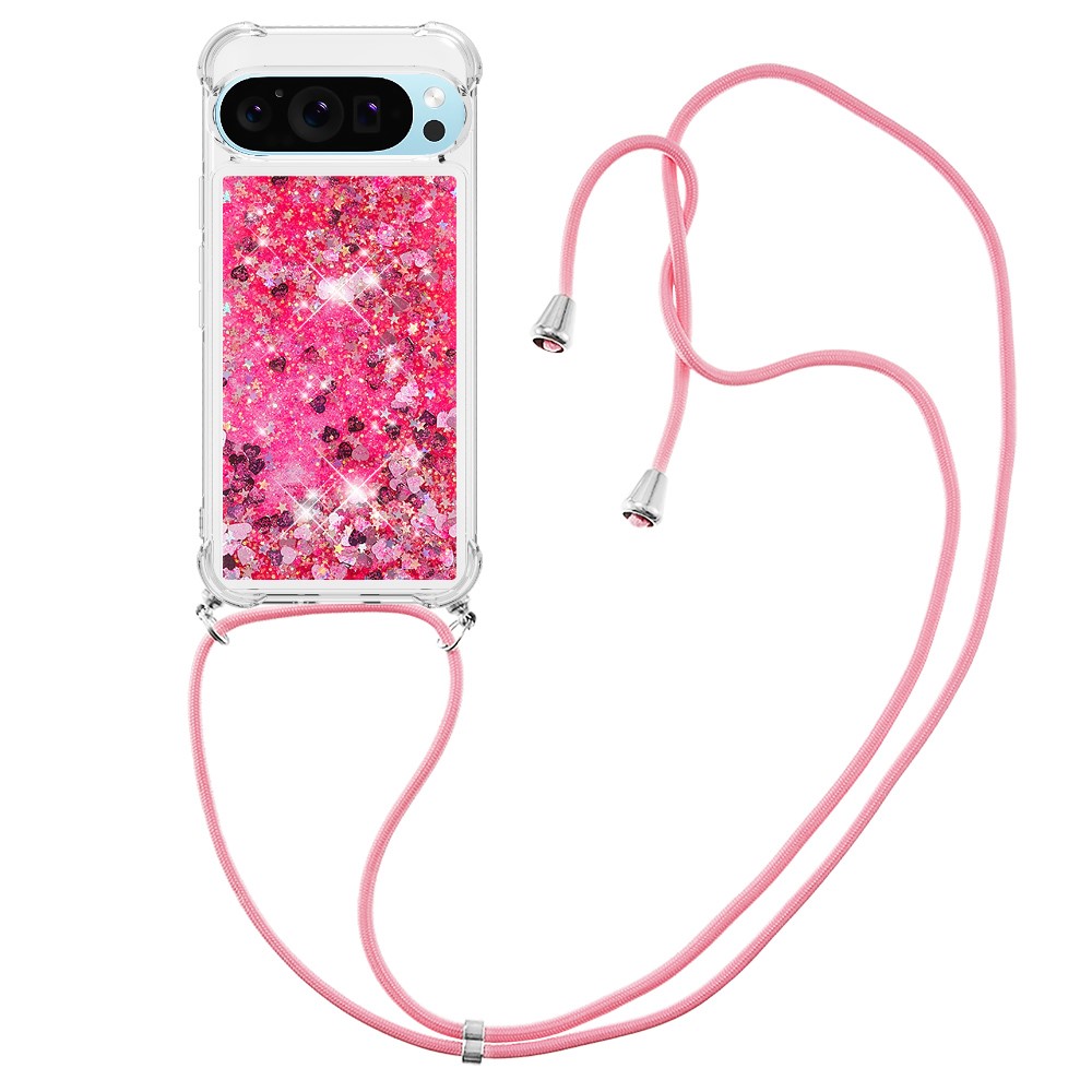 For Google Pixel 10 Pro XL TPU Case Quicksand Phone Cover with Lanyard - Pink / Hearts
