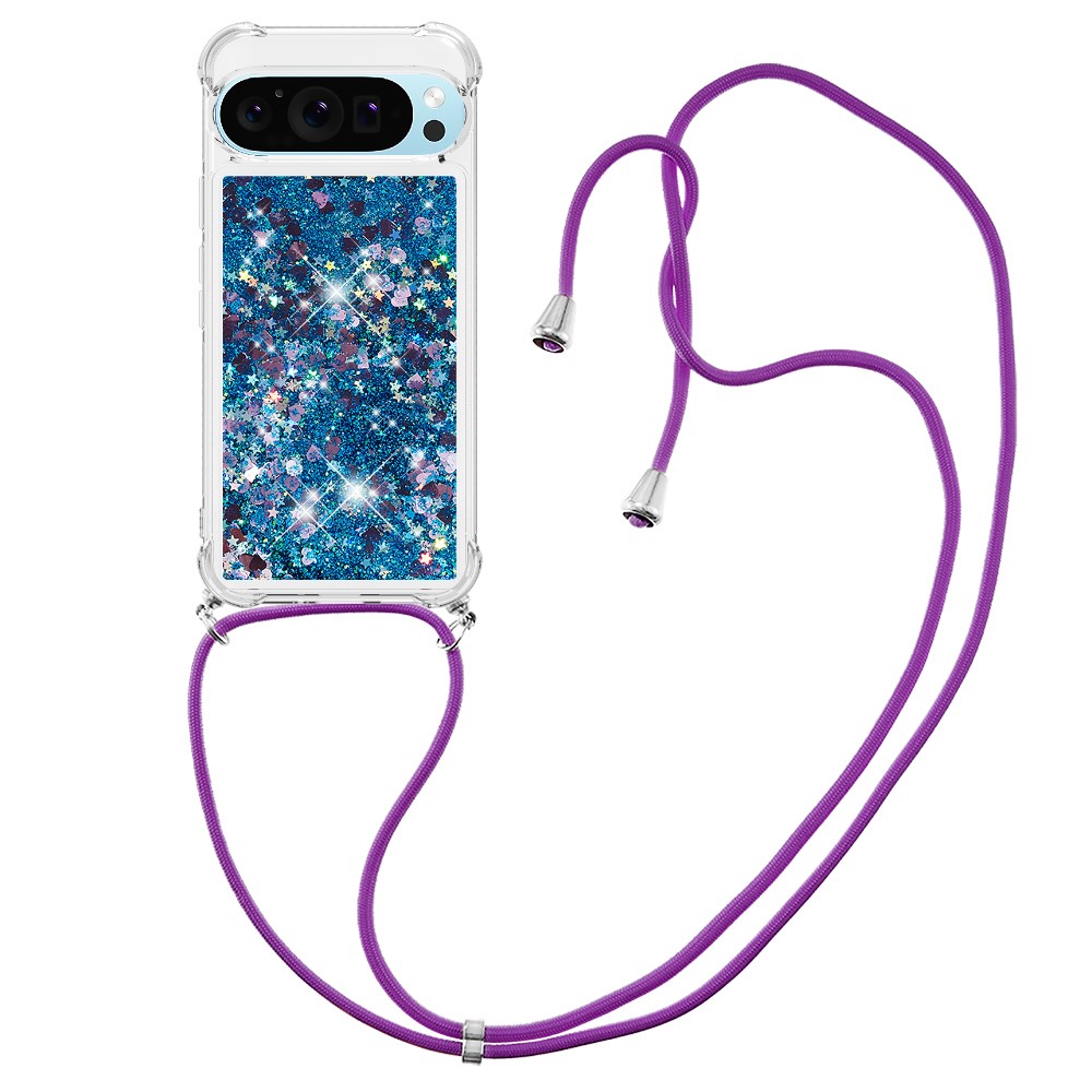 For Google Pixel 10 Pro XL TPU Case Quicksand Phone Cover with Lanyard - Blue / Hearts
