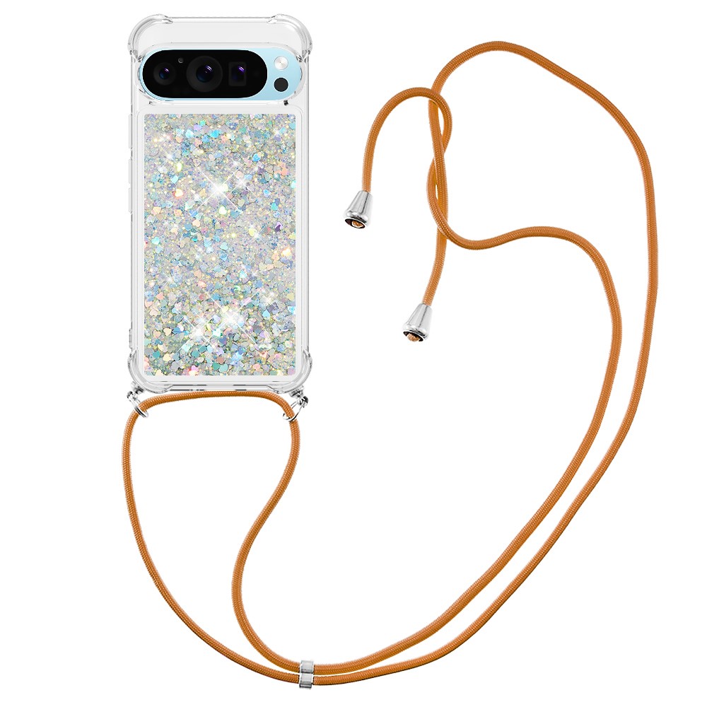 For Google Pixel 10 Pro XL TPU Case Quicksand Phone Cover with Lanyard - Silver / Hearts