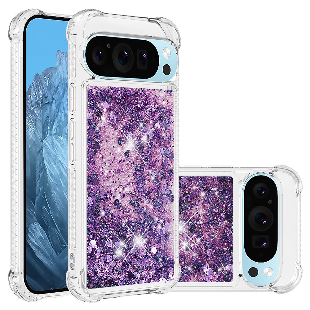 For Google Pixel 10 / Google Pixel 10 Pro TPU Case Glitter Quicksand Shockproof Phone Back Cover - Dark Purple / Hearts