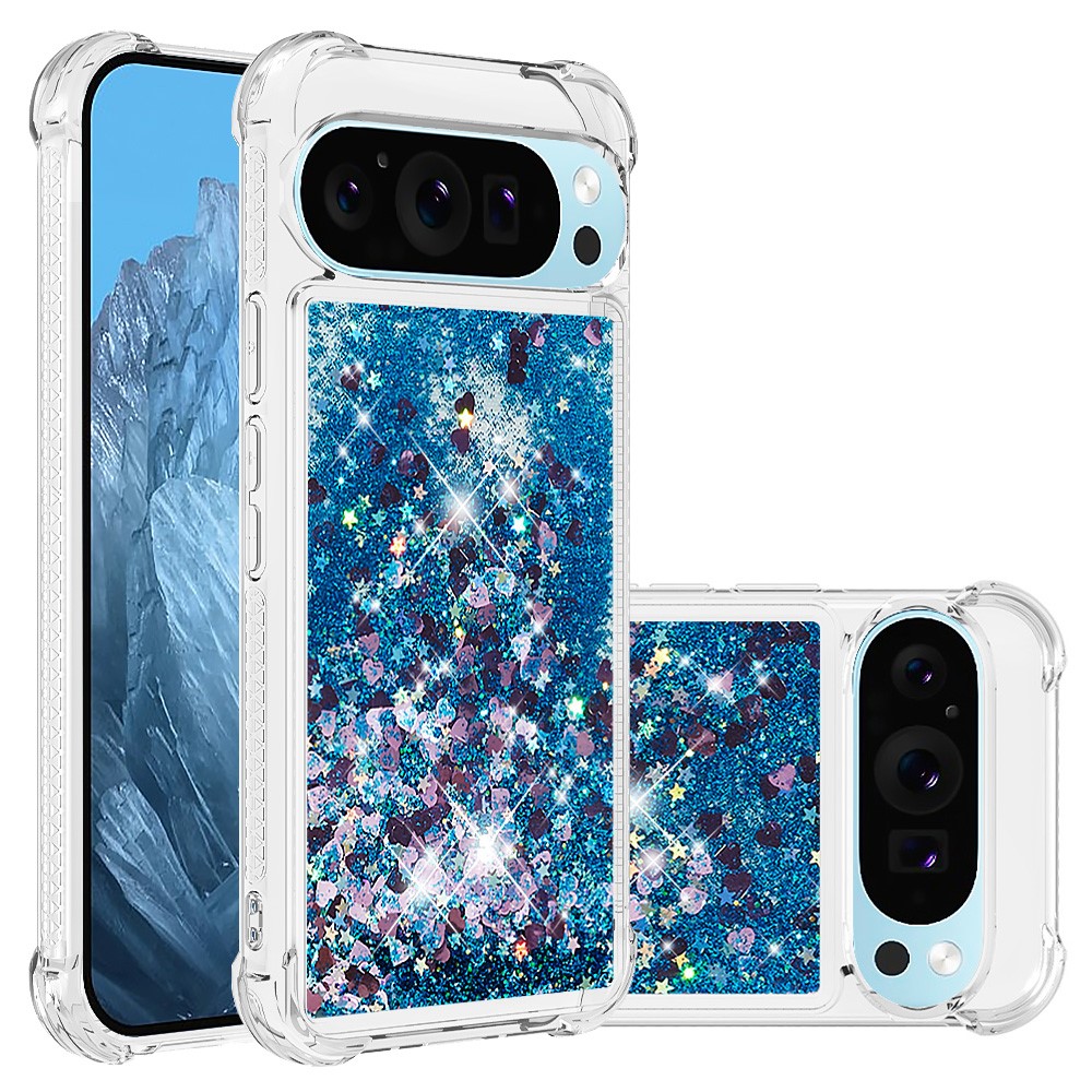For Google Pixel 10 / Google Pixel 10 Pro TPU Case Glitter Quicksand Shockproof Phone Back Cover - Blue / Hearts