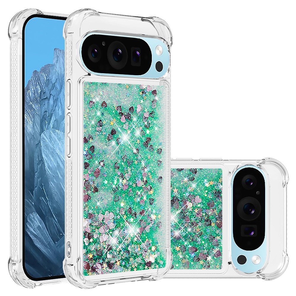 For Google Pixel 10 / Google Pixel 10 Pro TPU Case Glitter Quicksand Shockproof Phone Back Cover - Green / Hearts