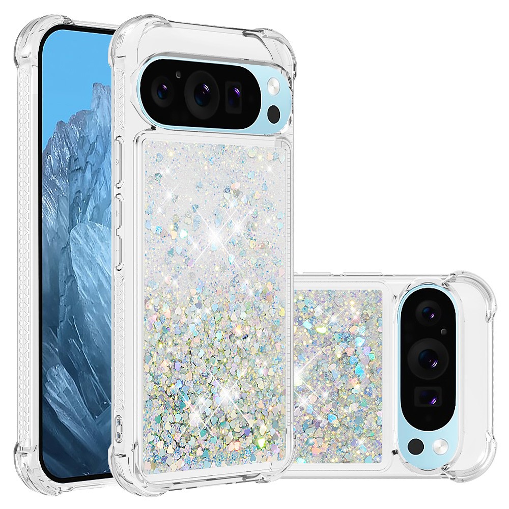 For Google Pixel 10 / Google Pixel 10 Pro TPU Case Glitter Quicksand Shockproof Phone Back Cover - Silver / Hearts