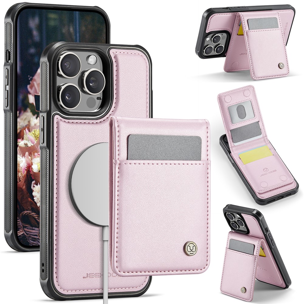 For iPhone 13 Pro 6.1 inch Leather Back Cover Compatible with MagSafe JEEHOOD J06 Phone Case with Card Bag RFID Blocking - Pink