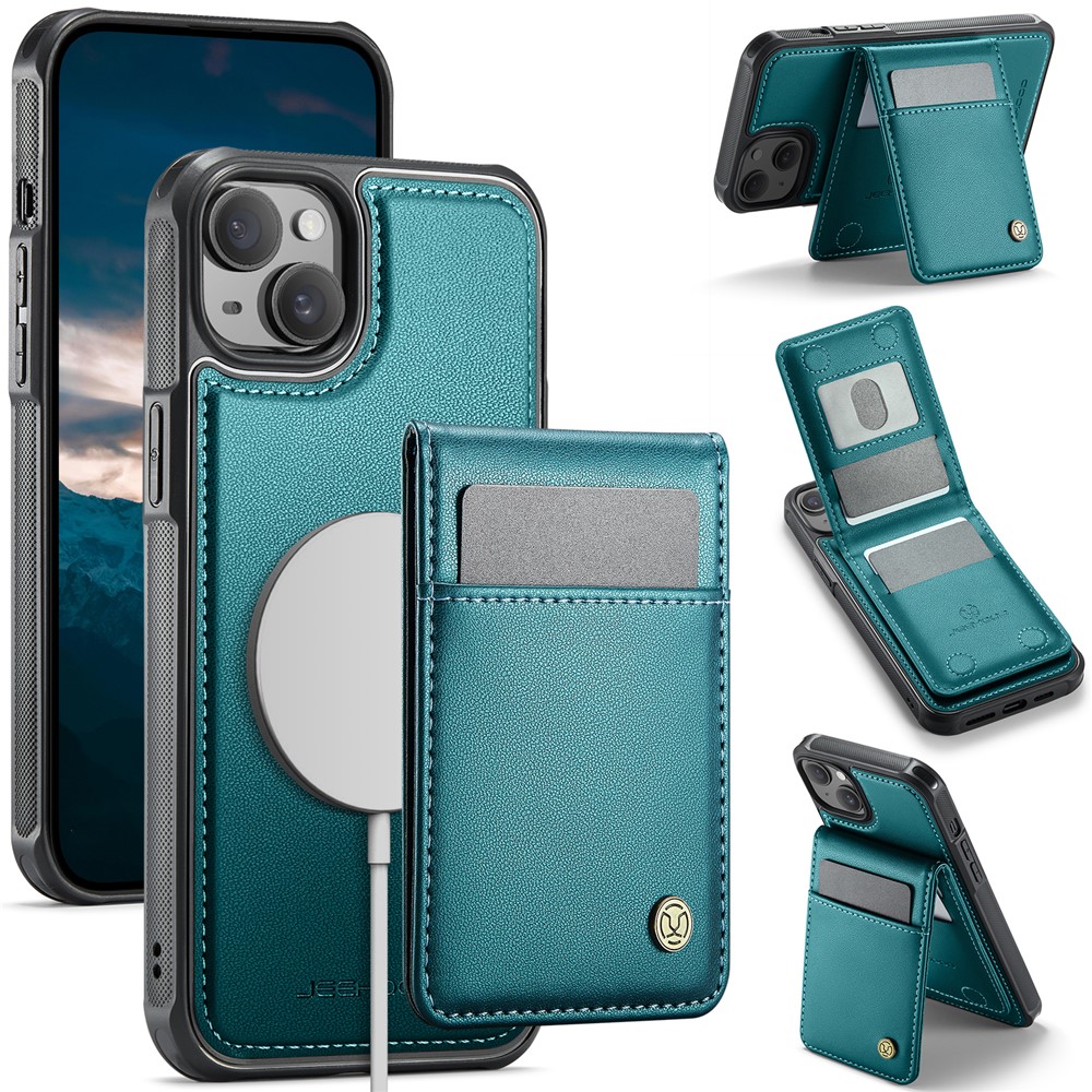 For iPhone 13 6.1 inch Leather Back Cover Compatible with MagSafe JEEHOOD J06 Phone Case with Card Bag RFID Blocking - Blue