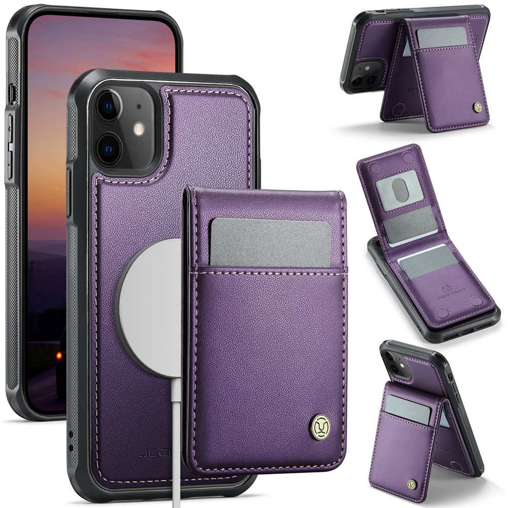 For iPhone 12 Pro 6.1 inch / iPhone 12 6.1 inch Leather Back Cover Compatible with MagSafe JEEHOOD J06 Phone Case with Card Bag RFID Blocking - Purple