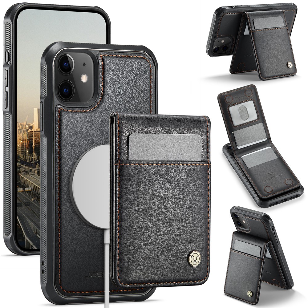 For iPhone 12 Pro 6.1 inch / iPhone 12 6.1 inch Leather Back Cover Compatible with MagSafe JEEHOOD J06 Phone Case with Card Bag RFID Blocking - Black