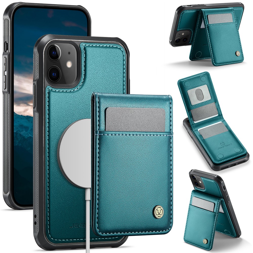 For iPhone 12 Pro 6.1 inch / iPhone 12 6.1 inch Leather Back Cover Compatible with MagSafe JEEHOOD J06 Phone Case with Card Bag RFID Blocking - Blue