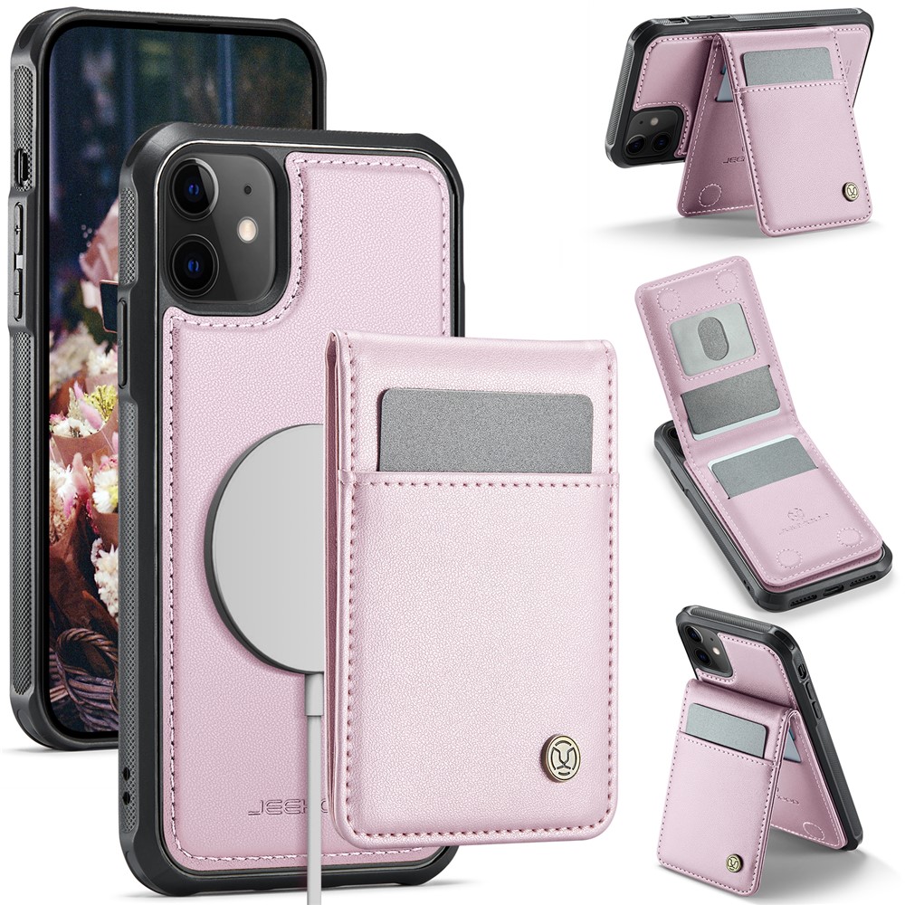 For iPhone 12 Pro 6.1 inch / iPhone 12 6.1 inch Leather Back Cover Compatible with MagSafe JEEHOOD J06 Phone Case with Card Bag RFID Blocking - Pink