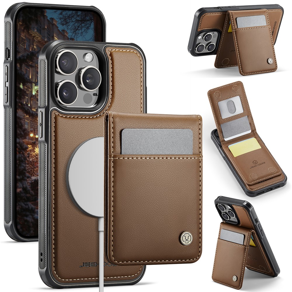 For iPhone 12 Pro Max 6.7 inch Leather Back Cover Compatible with MagSafe JEEHOOD J06 Phone Case with Card Bag RFID Blocking - Brown