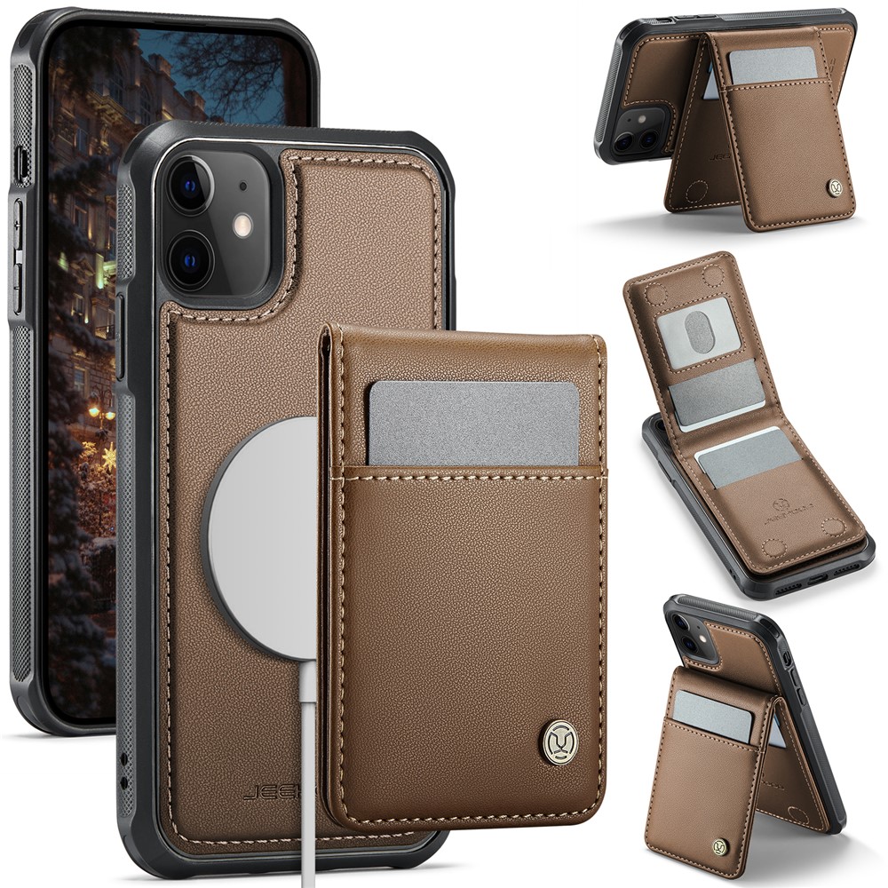 For iPhone 11 Leather Back Cover Compatible with MagSafe JEEHOOD J06 Phone Case with Card Bag RFID Blocking - Brown