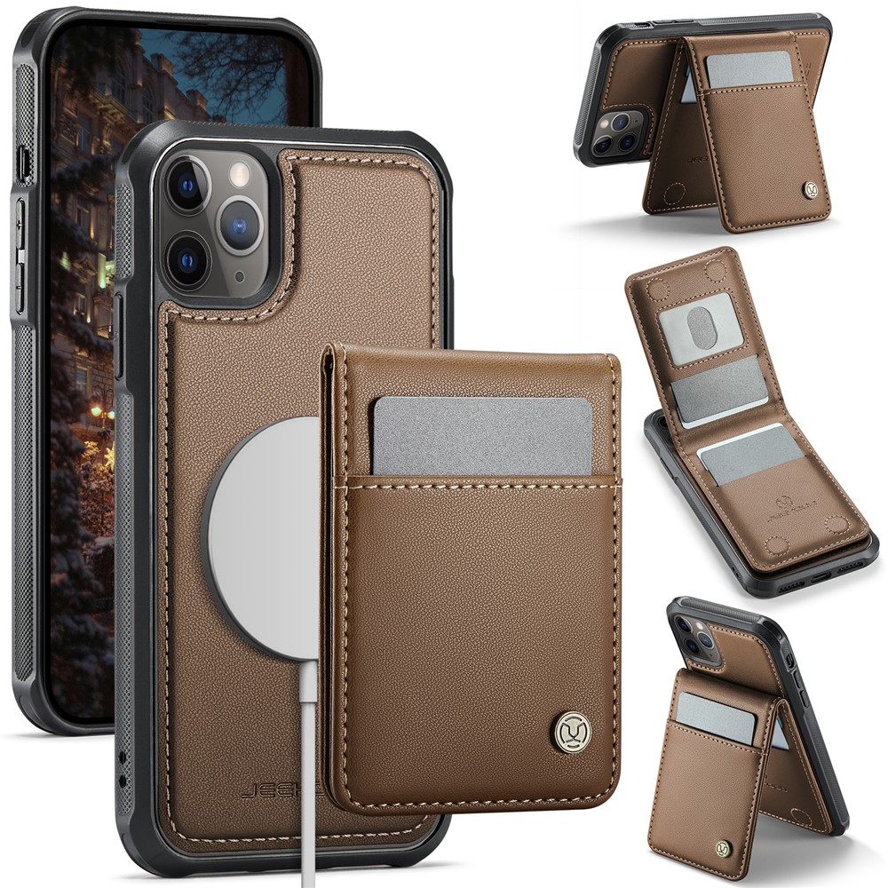 For iPhone 11 Pro Leather Back Cover Compatible with MagSafe JEEHOOD J06 Phone Case with Card Bag RFID Blocking - Brown