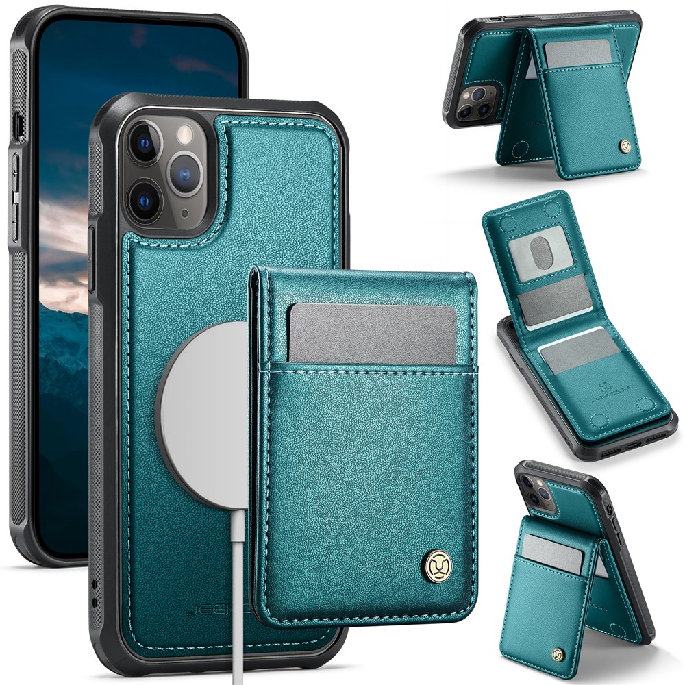For iPhone 11 Pro Leather Back Cover Compatible with MagSafe JEEHOOD J06 Phone Case with Card Bag RFID Blocking - Blue
