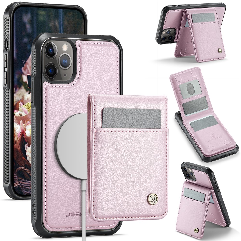 For iPhone 11 Pro Leather Back Cover Compatible with MagSafe JEEHOOD J06 Phone Case with Card Bag RFID Blocking - Pink