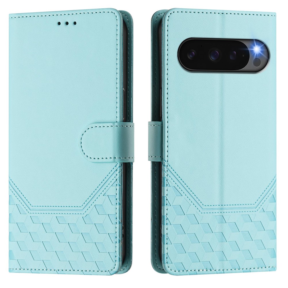 For Google Pixel 10 Pro / 10 / 9 Pro / 9 Case Imprinted Honeycomb RFID Blocking Leather Phone Cover with Strap - Mint Green