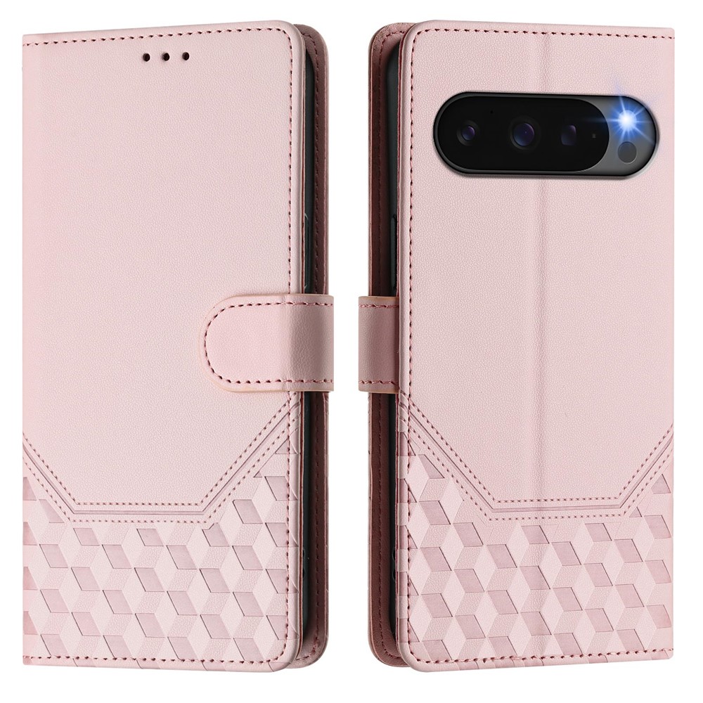 For Google Pixel 10 Pro / 10 / 9 Pro / 9 Case Imprinted Honeycomb RFID Blocking Leather Phone Cover with Strap - Pink