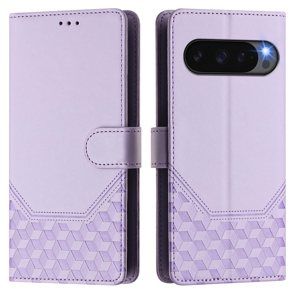 For Google Pixel 10 Pro / 10 / 9 Pro / 9 Case Imprinted Honeycomb RFID Blocking Leather Phone Cover with Strap - Light Purple