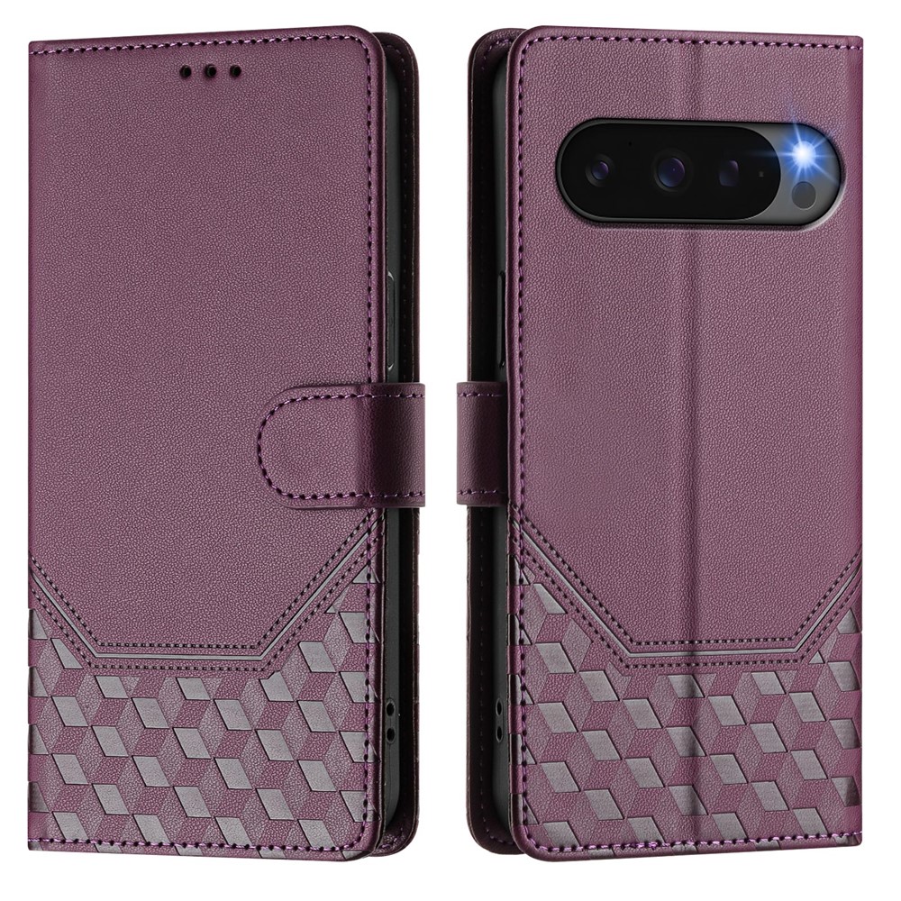 For Google Pixel 10 Pro / 10 / 9 Pro / 9 Case Imprinted Honeycomb RFID Blocking Leather Phone Cover with Strap - Dark Purple