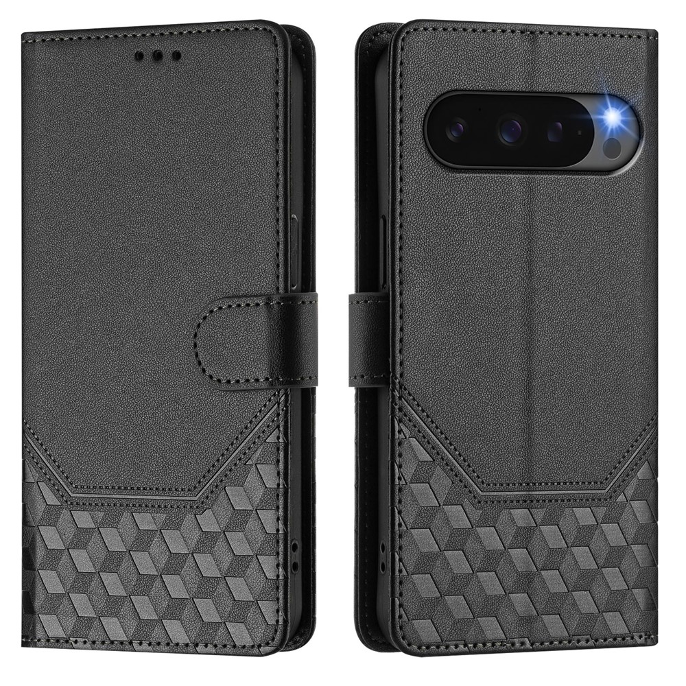 For Google Pixel 10 Pro XL Case Imprinted Honeycomb RFID Blocking Leather Phone Cover with Strap - Black