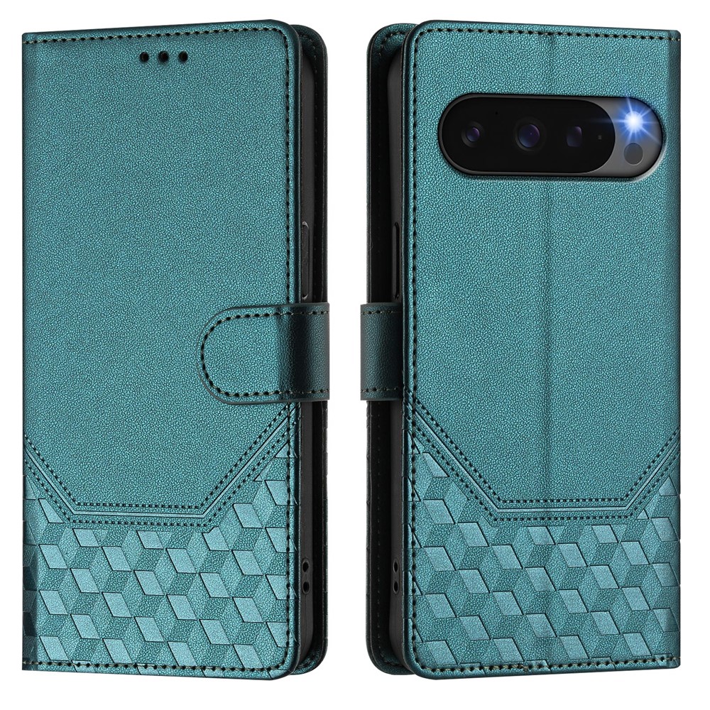 For Google Pixel 10 Pro XL Case Imprinted Honeycomb RFID Blocking Leather Phone Cover with Strap - Green