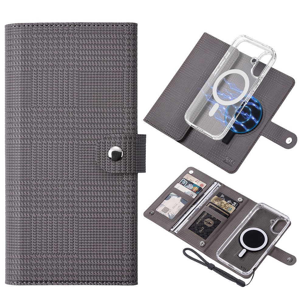 VILI GHA-C Series For iPhone 16 Plus Magnetic Case RFID Blocking Detachable 2 in 1 Leather Phone Cover - Grey