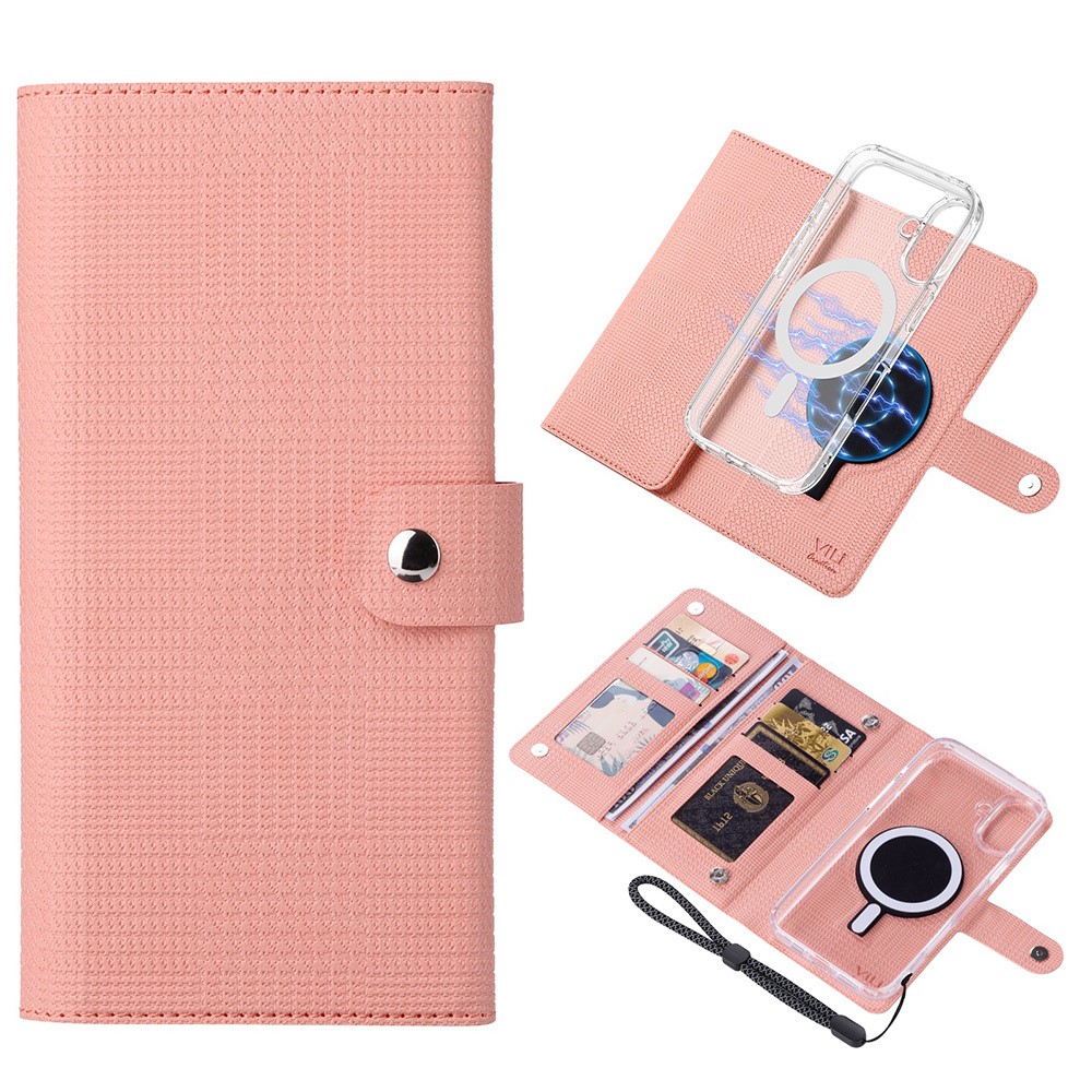 VILI GHA-C Series For iPhone 16 Plus Magnetic Case RFID Blocking Detachable 2 in 1 Leather Phone Cover - Pink