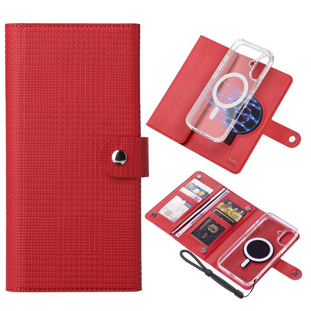 VILI GHA-C Series For iPhone 16 Plus Magnetic Case RFID Blocking Detachable 2 in 1 Leather Phone Cover - Red