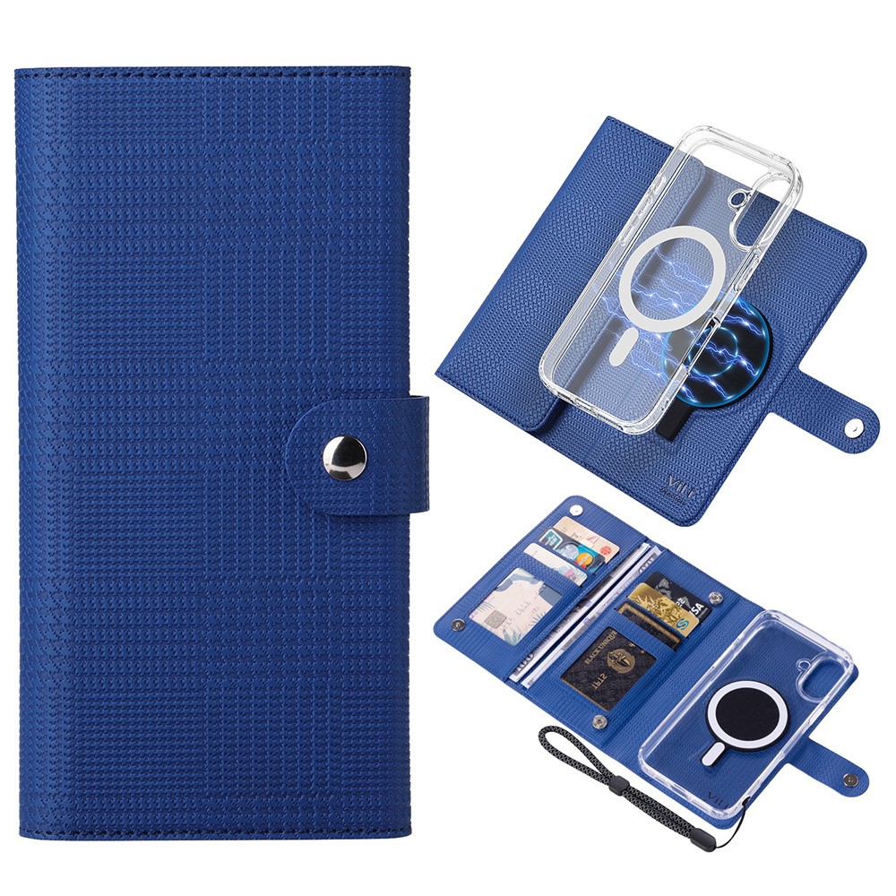 VILI GHA-C Series For iPhone 16 Plus Magnetic Case RFID Blocking Detachable 2 in 1 Leather Phone Cover - Blue