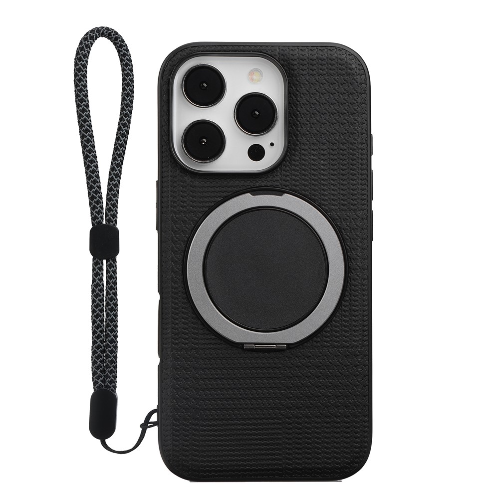 VILI D-THS Series for iPhone 16 Pro Max Magnetic Case Ring Kickstand PC TPU Phone Back Cover with Strap - Black