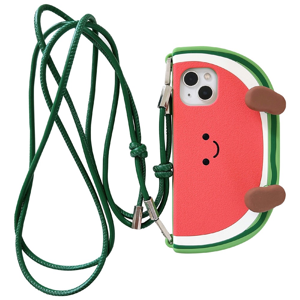 For iPhone 15 Silicone Case Standing Watermelon Design Kickstand Shockproof Phone Cover with Shoulder Strap