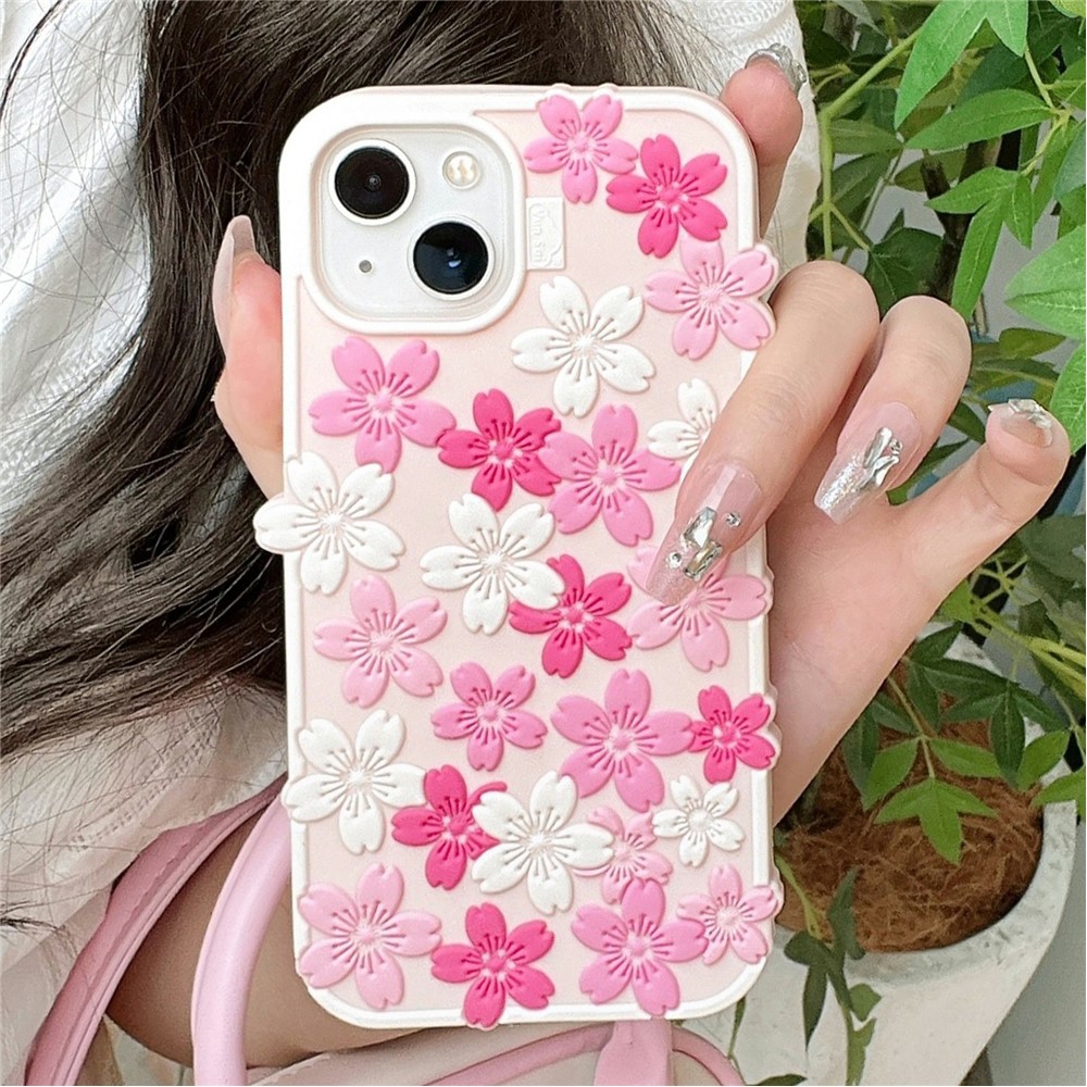 For iPhone 15 Silicone Case 3D Cherry Blossom Pattern Shockproof Phone Cover